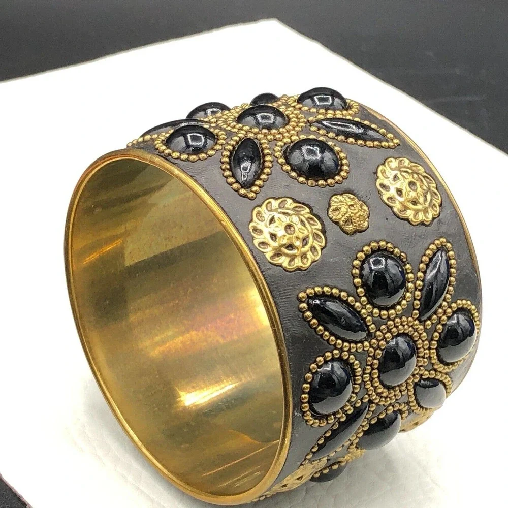 Handmade Artisan‎ Brass Floral Bracelet Ornamental Beads Black Resin Cuff Bangle